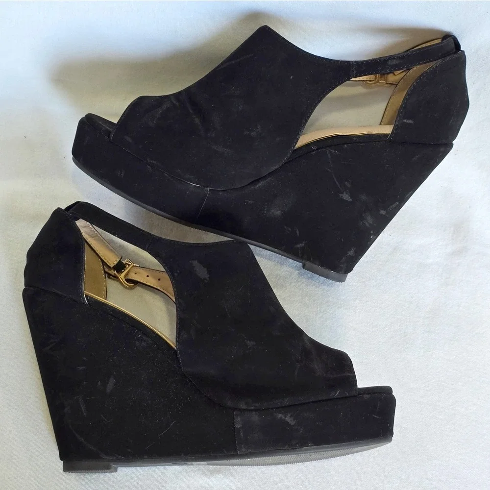 Ashley A Women Size 7 Wedge Sandals Black Faux Suede Platform Ankle Strap Heel